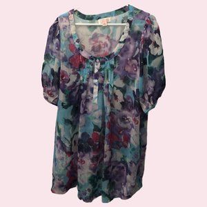 Clarity Curve Blurred Floral Print Shift Dress with Vintage Pink Purple Puff